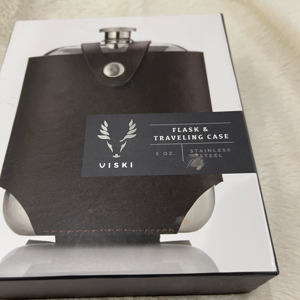 Viski Stainless Steel Flask and Traveling Case leather custom stamped “C”